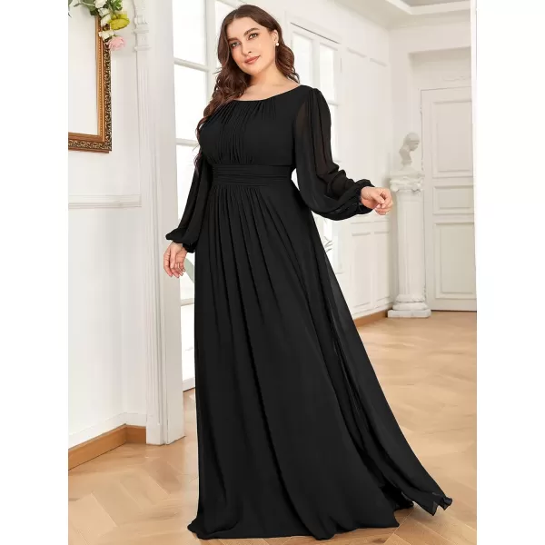 imageEverPretty Womens Round Neck Long Lantern Sleeves Chiffon Pleated Long Evening Gown Plus Size Formal Dress 0106BDABlack