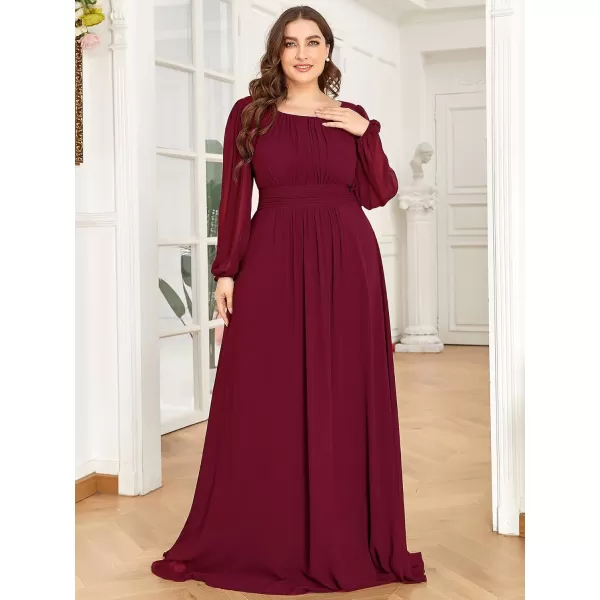 imageEverPretty Womens Round Neck Long Lantern Sleeves Chiffon Pleated Long Evening Gown Plus Size Formal Dress 0106BDABurgundy