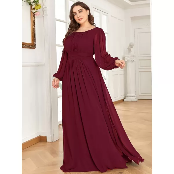 imageEverPretty Womens Round Neck Long Lantern Sleeves Chiffon Pleated Long Evening Gown Plus Size Formal Dress 0106BDABurgundy