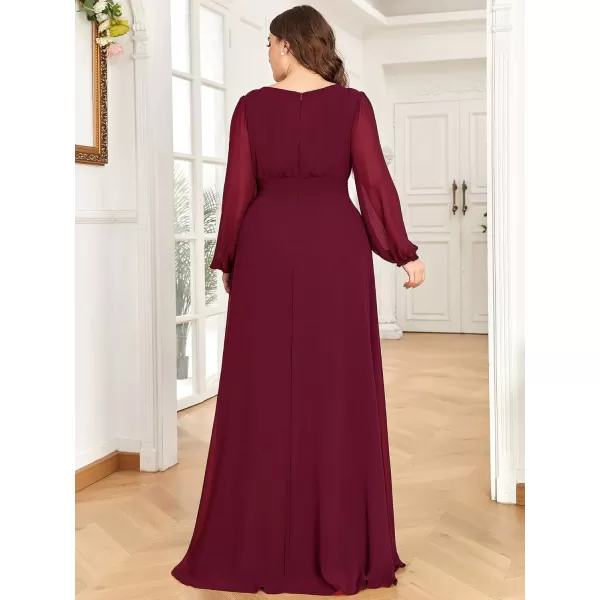 imageEverPretty Womens Round Neck Long Lantern Sleeves Chiffon Pleated Long Evening Gown Plus Size Formal Dress 0106BDABurgundy