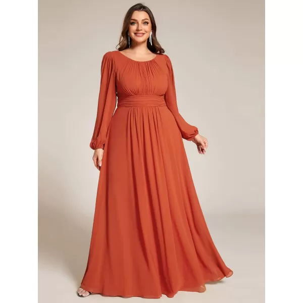 imageEverPretty Womens Round Neck Long Lantern Sleeves Chiffon Pleated Long Evening Gown Plus Size Formal Dress 0106BDABurnt Orange