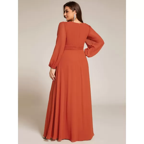 imageEverPretty Womens Round Neck Long Lantern Sleeves Chiffon Pleated Long Evening Gown Plus Size Formal Dress 0106BDABurnt Orange