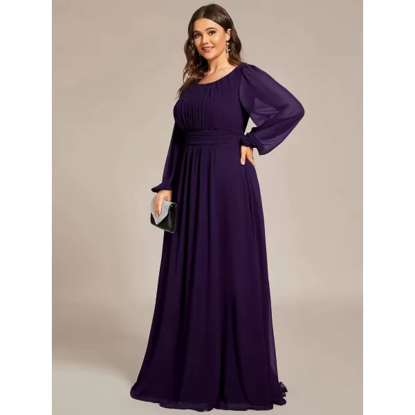 imageEverPretty Womens Round Neck Long Lantern Sleeves Chiffon Pleated Long Evening Gown Plus Size Formal Dress 0106BDADark Purple