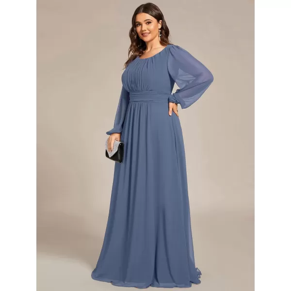 imageEverPretty Womens Round Neck Long Lantern Sleeves Chiffon Pleated Long Evening Gown Plus Size Formal Dress 0106BDADusty Navy