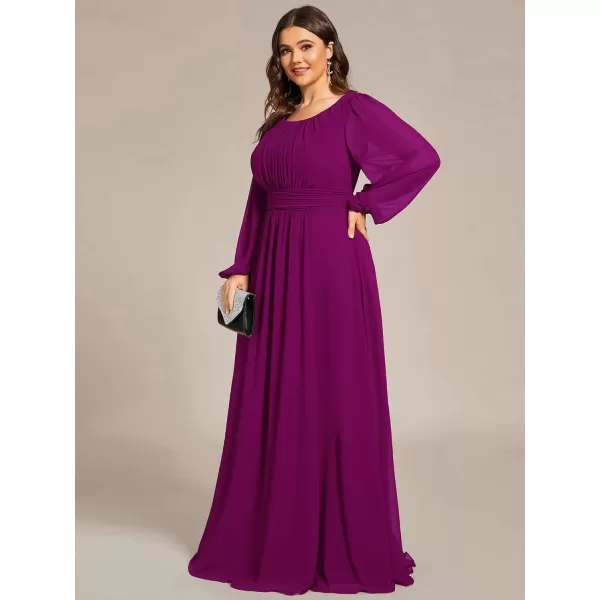 imageEverPretty Womens Round Neck Long Lantern Sleeves Chiffon Pleated Long Evening Gown Plus Size Formal Dress 0106BDAFuchsia