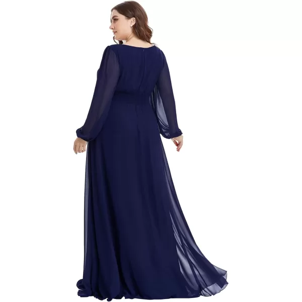 imageEverPretty Womens Round Neck Long Lantern Sleeves Chiffon Pleated Long Evening Gown Plus Size Formal Dress 0106BDANavy Blue