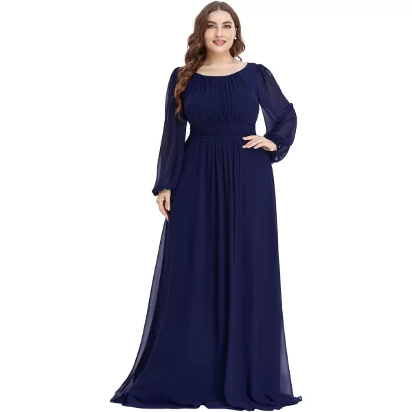 imageEverPretty Womens Round Neck Long Lantern Sleeves Chiffon Pleated Long Evening Gown Plus Size Formal Dress 0106BDANavy Blue