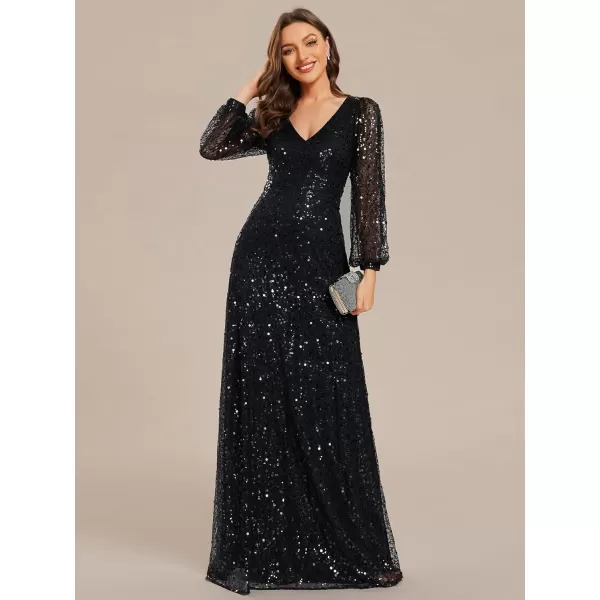 imageEverPretty Womens Sequin ALine V Neck Beaded Gown Long Sheer Sleeves Cocktail Evening Gown 01999Black