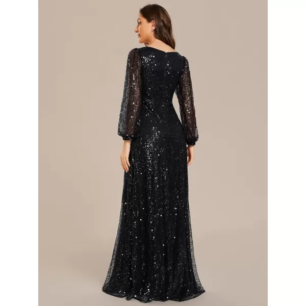 imageEverPretty Womens Sequin ALine V Neck Beaded Gown Long Sheer Sleeves Cocktail Evening Gown 01999Black