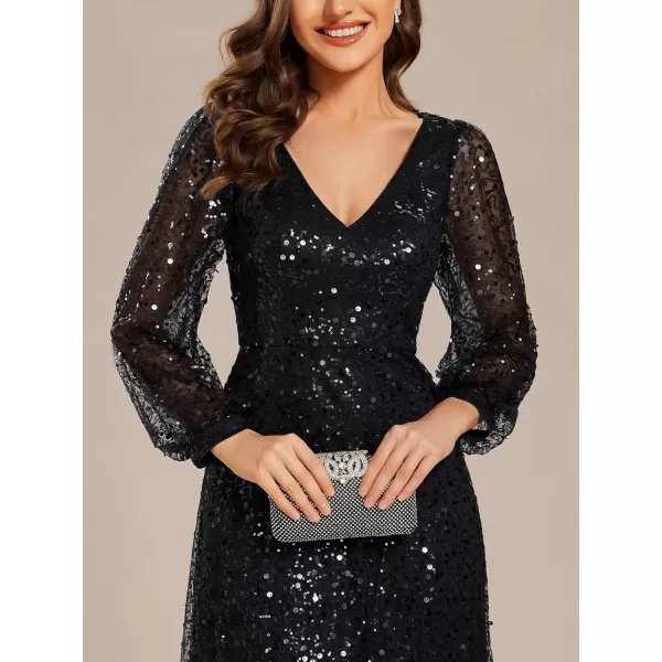 imageEverPretty Womens Sequin ALine V Neck Beaded Gown Long Sheer Sleeves Cocktail Evening Gown 01999Black