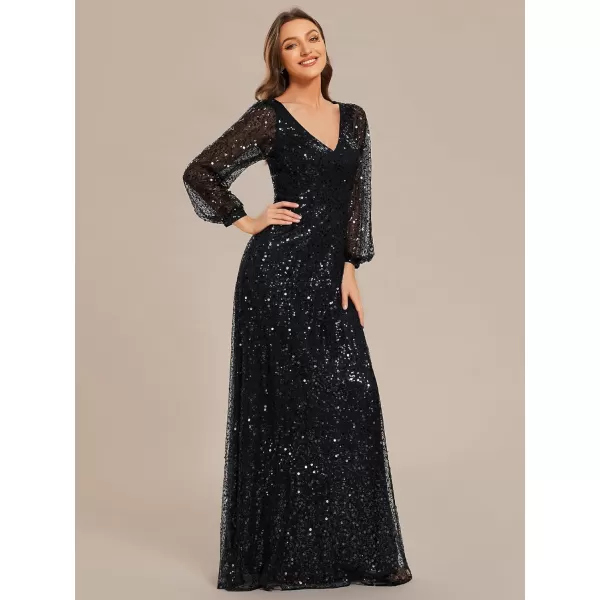 imageEverPretty Womens Sequin ALine V Neck Beaded Gown Long Sheer Sleeves Cocktail Evening Gown 01999Black