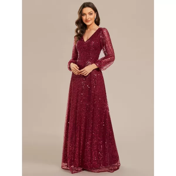 imageEverPretty Womens Sequin ALine V Neck Beaded Gown Long Sheer Sleeves Cocktail Evening Gown 01999Burgundy