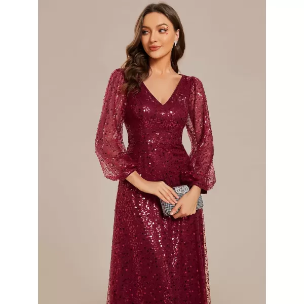 imageEverPretty Womens Sequin ALine V Neck Beaded Gown Long Sheer Sleeves Cocktail Evening Gown 01999Burgundy