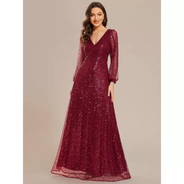 imageEverPretty Womens Sequin ALine V Neck Beaded Gown Long Sheer Sleeves Cocktail Evening Gown 01999Burgundy