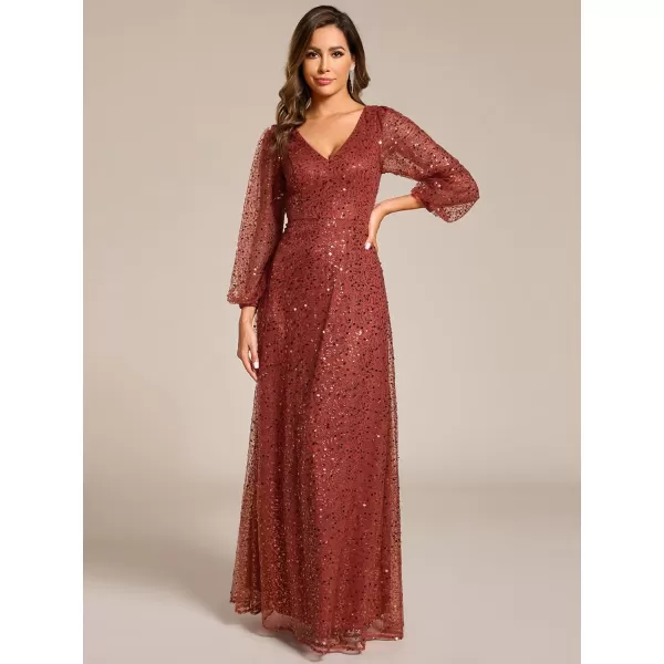 imageEverPretty Womens Sequin ALine V Neck Beaded Gown Long Sheer Sleeves Cocktail Evening Gown 01999Burnt Orange