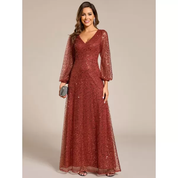 imageEverPretty Womens Sequin ALine V Neck Beaded Gown Long Sheer Sleeves Cocktail Evening Gown 01999Burnt Orange