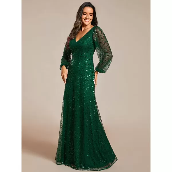 imageEverPretty Womens Sequin ALine V Neck Beaded Gown Long Sheer Sleeves Cocktail Evening Gown 01999Dark Green