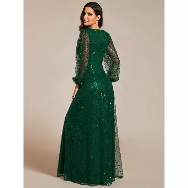 imageEverPretty Womens Sequin ALine V Neck Beaded Gown Long Sheer Sleeves Cocktail Evening Gown 01999Dark Green