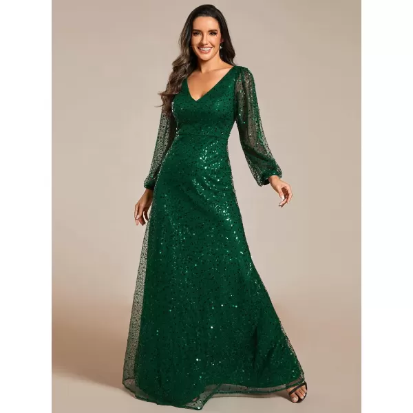 imageEverPretty Womens Sequin ALine V Neck Beaded Gown Long Sheer Sleeves Cocktail Evening Gown 01999Dark Green