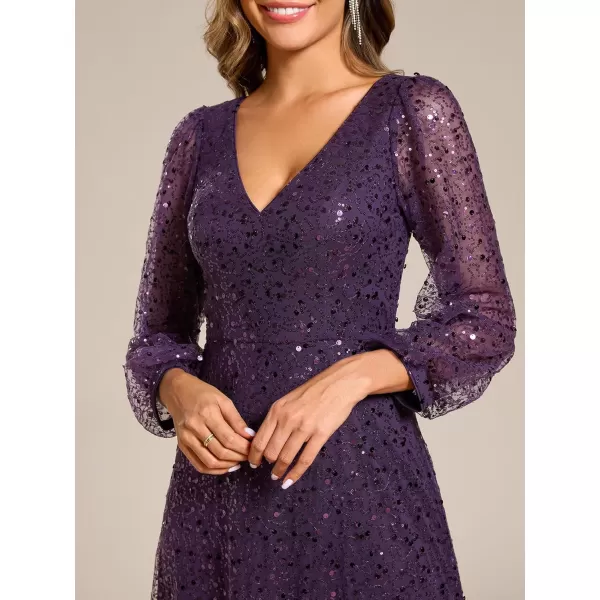 imageEverPretty Womens Sequin ALine V Neck Beaded Gown Long Sheer Sleeves Cocktail Evening Gown 01999Dark Purple