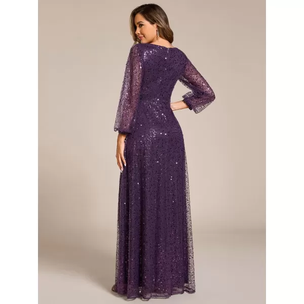 imageEverPretty Womens Sequin ALine V Neck Beaded Gown Long Sheer Sleeves Cocktail Evening Gown 01999Dark Purple