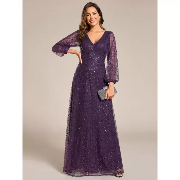 imageEverPretty Womens Sequin ALine V Neck Beaded Gown Long Sheer Sleeves Cocktail Evening Gown 01999Dark Purple