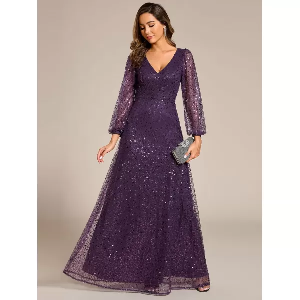 imageEverPretty Womens Sequin ALine V Neck Beaded Gown Long Sheer Sleeves Cocktail Evening Gown 01999Dark Purple