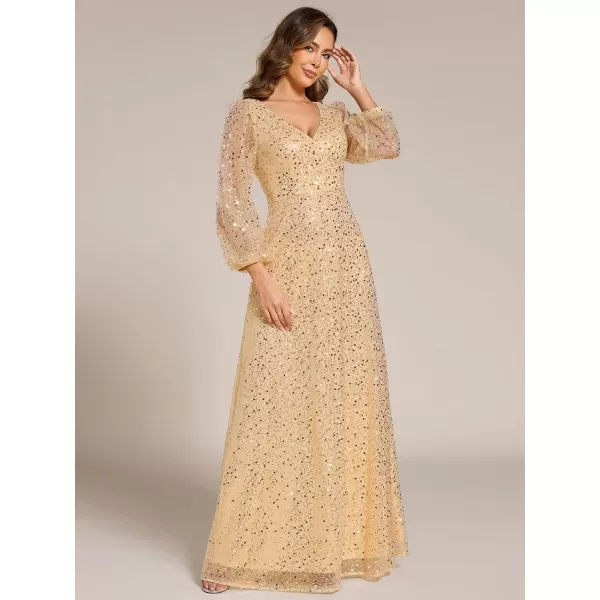 imageEverPretty Womens Sequin ALine V Neck Beaded Gown Long Sheer Sleeves Cocktail Evening Gown 01999Gold