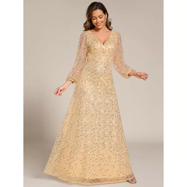 imageEverPretty Womens Sequin ALine V Neck Beaded Gown Long Sheer Sleeves Cocktail Evening Gown 01999Gold