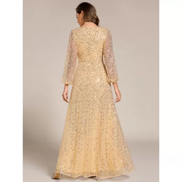 imageEverPretty Womens Sequin ALine V Neck Beaded Gown Long Sheer Sleeves Cocktail Evening Gown 01999Gold