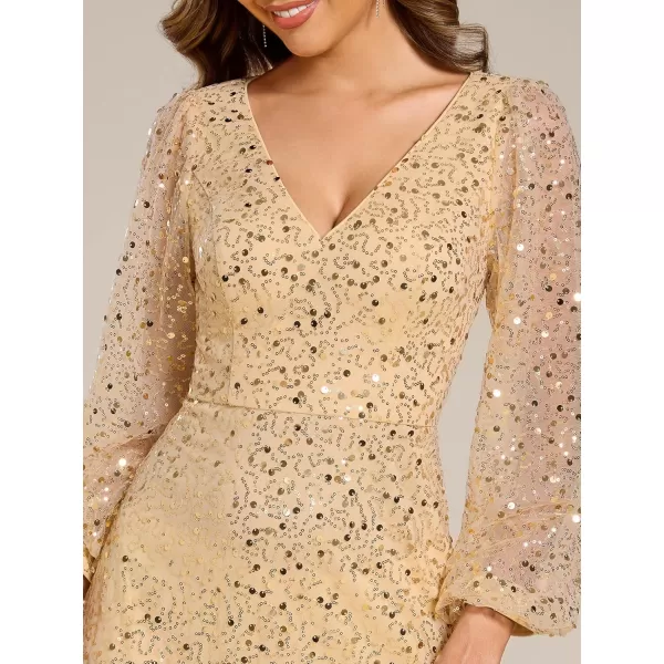 imageEverPretty Womens Sequin ALine V Neck Beaded Gown Long Sheer Sleeves Cocktail Evening Gown 01999Gold