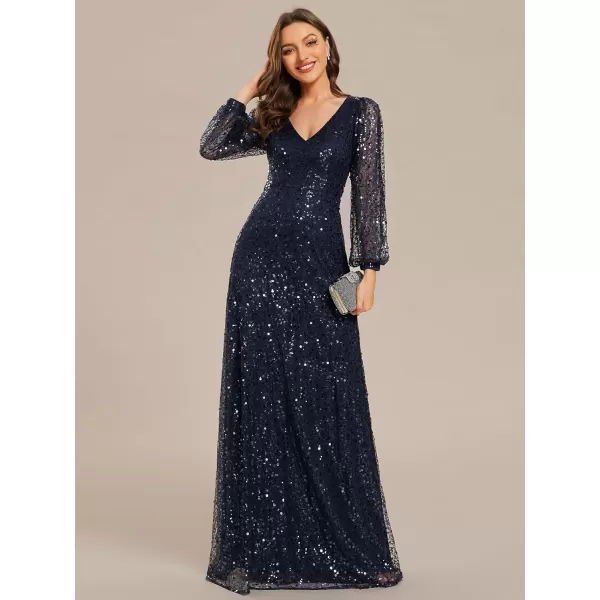 imageEverPretty Womens Sequin ALine V Neck Beaded Gown Long Sheer Sleeves Cocktail Evening Gown 01999Navy Blue