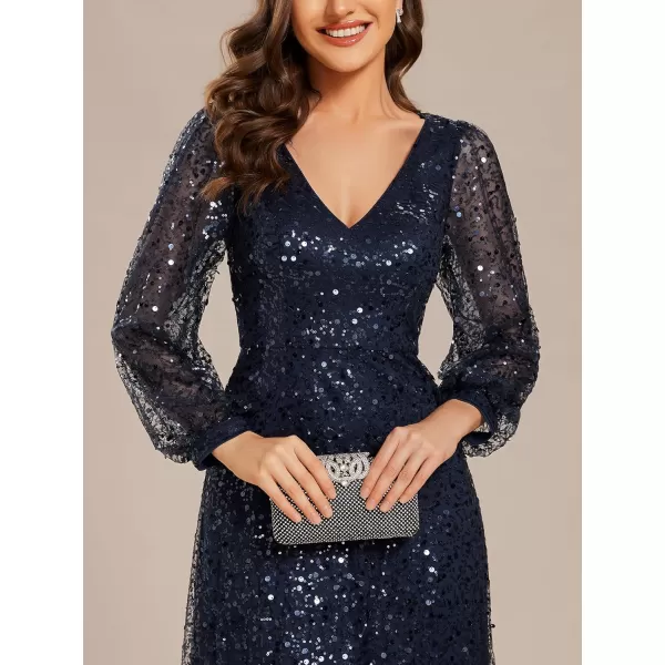 imageEverPretty Womens Sequin ALine V Neck Beaded Gown Long Sheer Sleeves Cocktail Evening Gown 01999Navy Blue