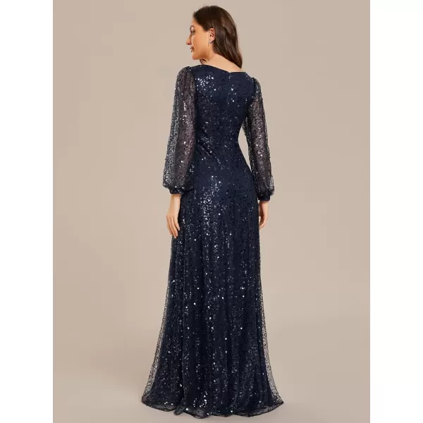 imageEverPretty Womens Sequin ALine V Neck Beaded Gown Long Sheer Sleeves Cocktail Evening Gown 01999Navy Blue