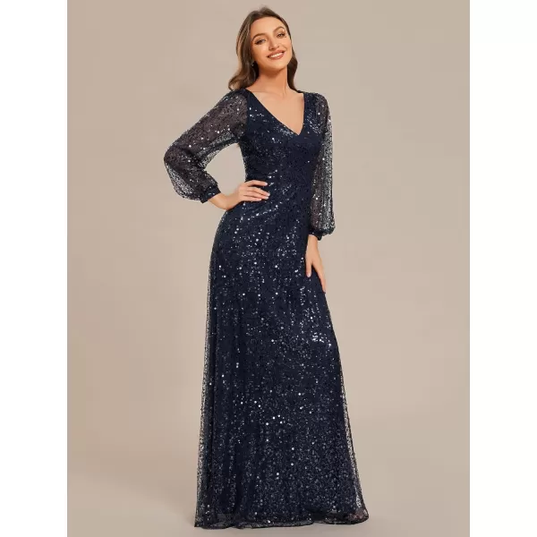 imageEverPretty Womens Sequin ALine V Neck Beaded Gown Long Sheer Sleeves Cocktail Evening Gown 01999Navy Blue