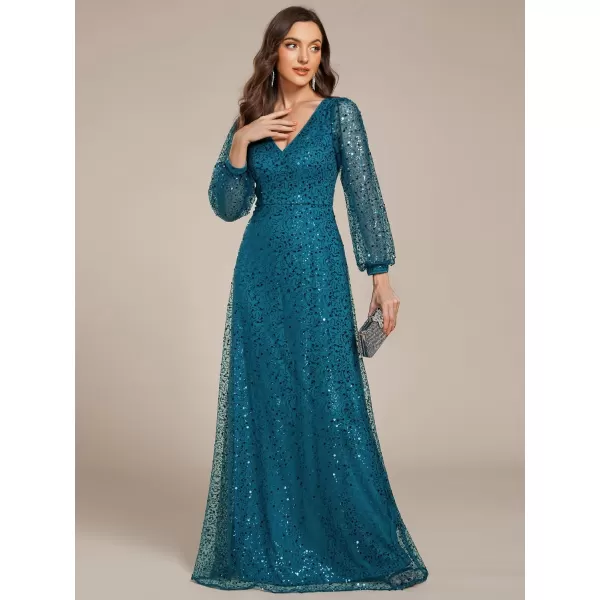 imageEverPretty Womens Sequin ALine V Neck Beaded Gown Long Sheer Sleeves Cocktail Evening Gown 01999Teal