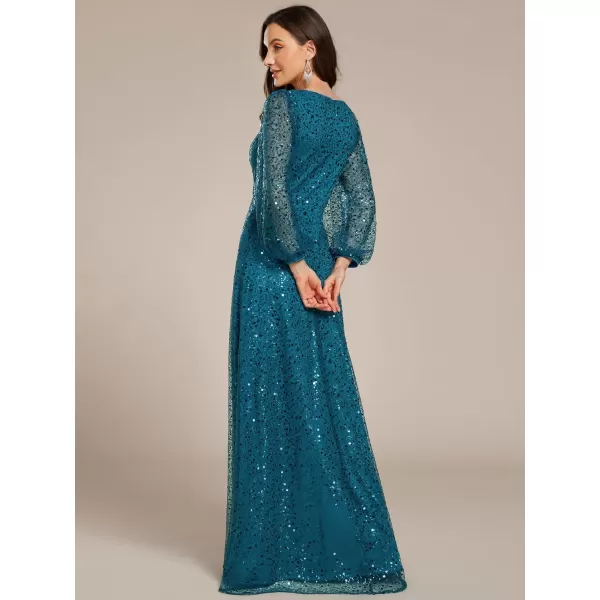 imageEverPretty Womens Sequin ALine V Neck Beaded Gown Long Sheer Sleeves Cocktail Evening Gown 01999Teal