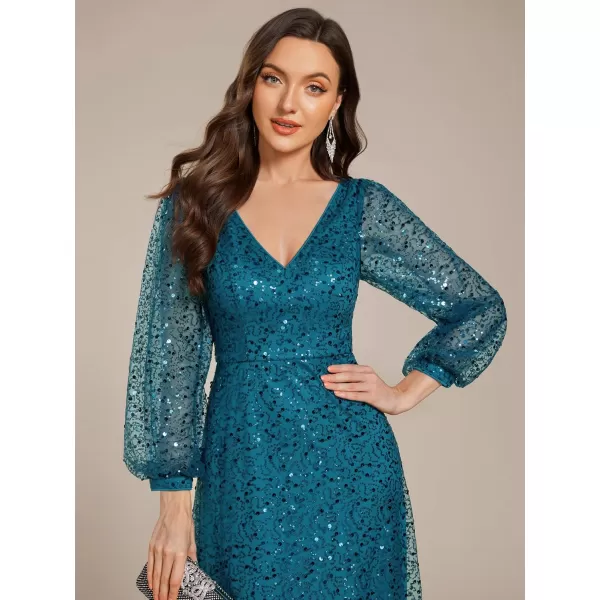 imageEverPretty Womens Sequin ALine V Neck Beaded Gown Long Sheer Sleeves Cocktail Evening Gown 01999Teal