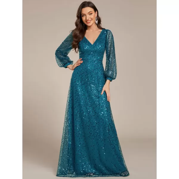 imageEverPretty Womens Sequin ALine V Neck Beaded Gown Long Sheer Sleeves Cocktail Evening Gown 01999Teal