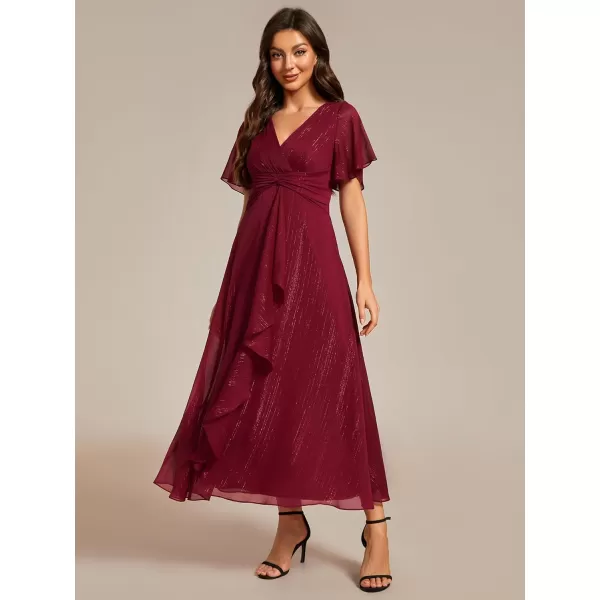 imageEverPretty Womens Summer Glitter Knot Waist V Neck Ruffles Sleeves Pleated Wedding Guest Dress 02131Burgundy