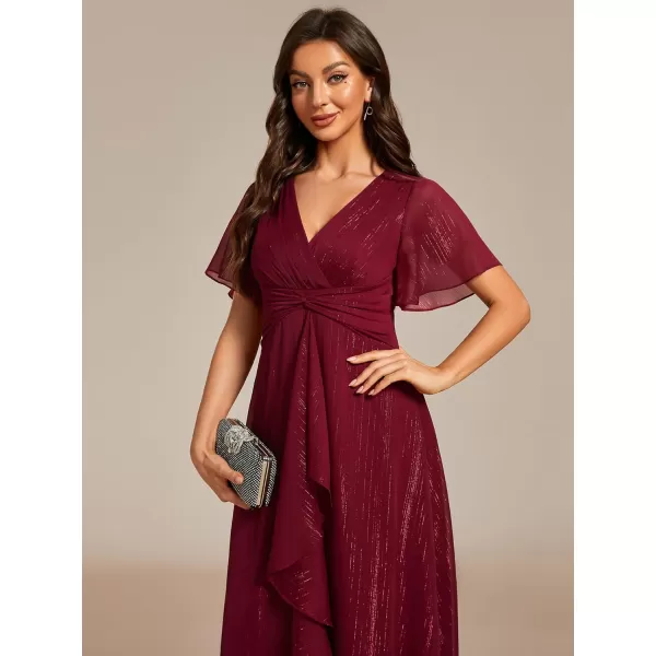 imageEverPretty Womens Summer Glitter Knot Waist V Neck Ruffles Sleeves Pleated Wedding Guest Dress 02131Burgundy