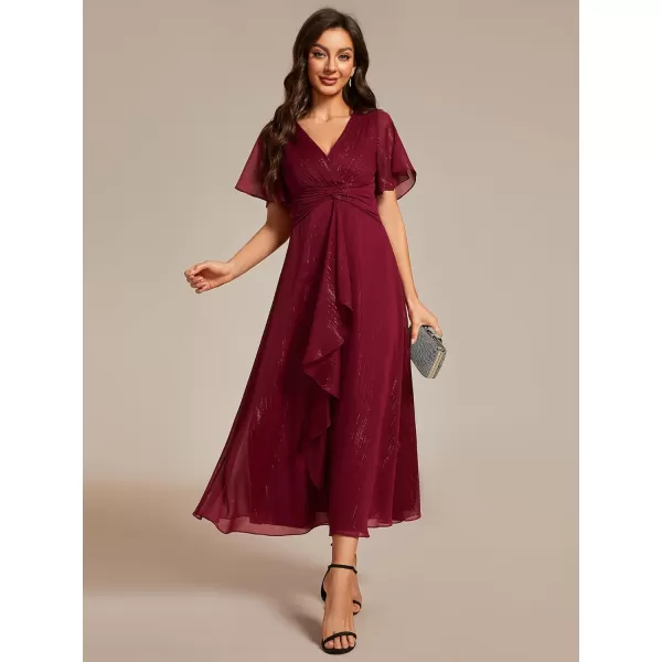 imageEverPretty Womens Summer Glitter Knot Waist V Neck Ruffles Sleeves Pleated Wedding Guest Dress 02131Burgundy