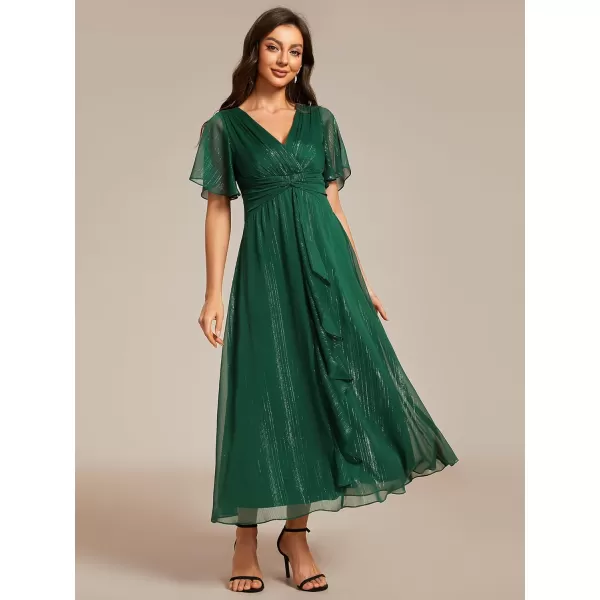 imageEverPretty Womens Summer Glitter Knot Waist V Neck Ruffles Sleeves Pleated Wedding Guest Dress 02131Dark Green