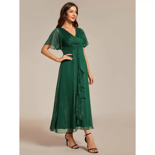 imageEverPretty Womens Summer Glitter Knot Waist V Neck Ruffles Sleeves Pleated Wedding Guest Dress 02131Dark Green