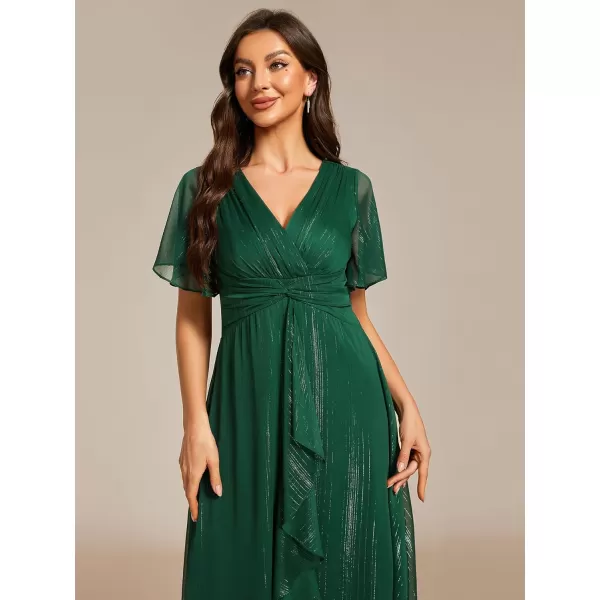 imageEverPretty Womens Summer Glitter Knot Waist V Neck Ruffles Sleeves Pleated Wedding Guest Dress 02131Dark Green