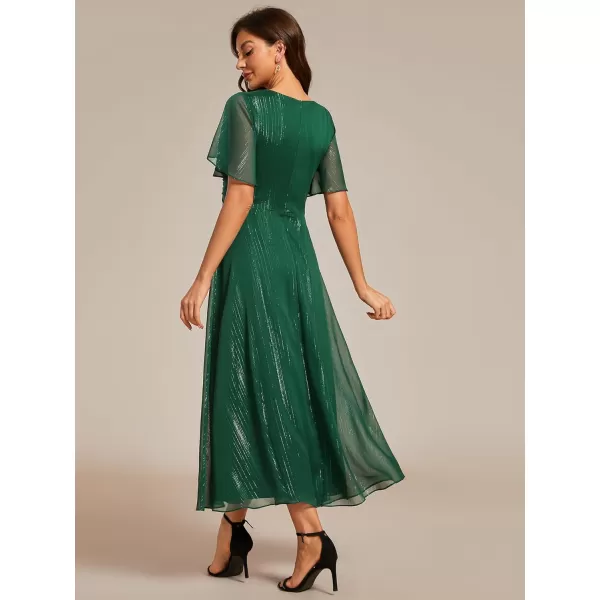 imageEverPretty Womens Summer Glitter Knot Waist V Neck Ruffles Sleeves Pleated Wedding Guest Dress 02131Dark Green