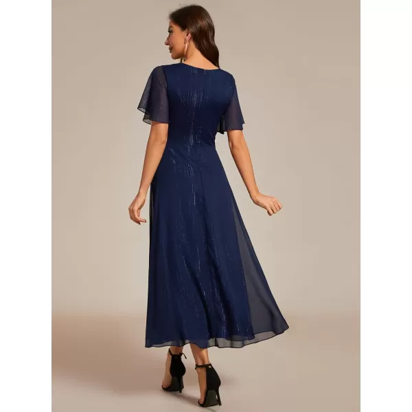 imageEverPretty Womens Summer Glitter Knot Waist V Neck Ruffles Sleeves Pleated Wedding Guest Dress 02131Navy Blue