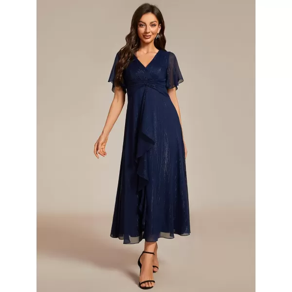 imageEverPretty Womens Summer Glitter Knot Waist V Neck Ruffles Sleeves Pleated Wedding Guest Dress 02131Navy Blue