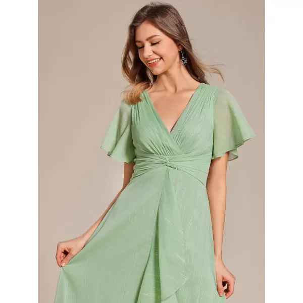 imageEverPretty Womens Summer Glitter Knot Waist V Neck Ruffles Sleeves Pleated Wedding Guest Dress 02131Summer Green