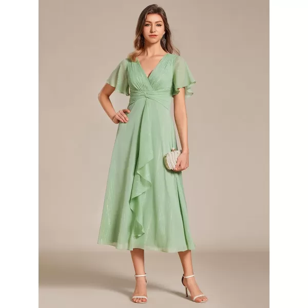 imageEverPretty Womens Summer Glitter Knot Waist V Neck Ruffles Sleeves Pleated Wedding Guest Dress 02131Summer Green